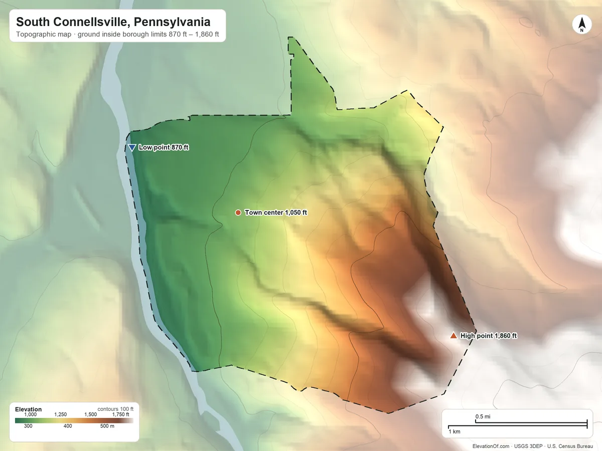 Topographic elevation map of South Connellsville, Pennsylvania, shaded from 870 ft on the northwest side to 1,860 ft on the southeast edge, below higher ground just outside