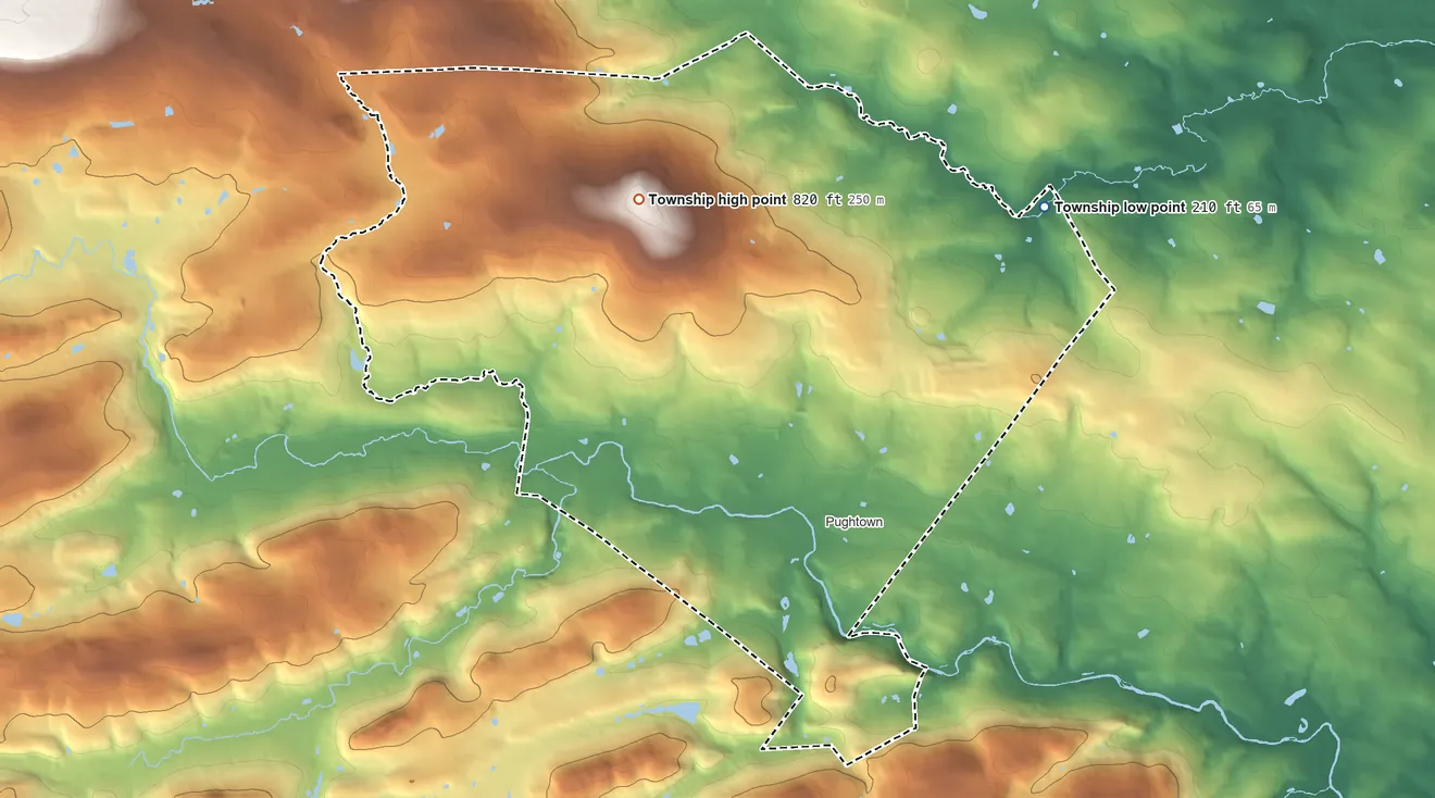 Topographic elevation map of South Coventry Township, Pennsylvania, shaded from 210 ft on the northeast side to 820 ft on the northwest side