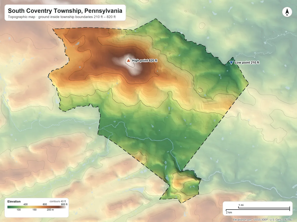 Topographic elevation map of South Coventry Township, Pennsylvania, shaded from 210 ft on the northeast side to 820 ft on the northwest side