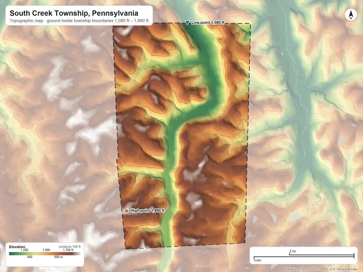 Topographic elevation map of South Creek Township, Pennsylvania, shaded from 1,080 ft on the north side to 1,890 ft on the southwest side