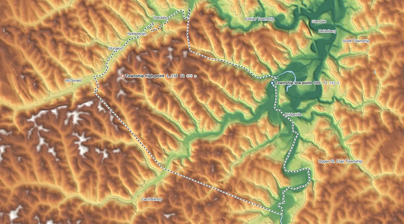 Topographic elevation map of South Fayette Township, Pennsylvania, shaded from 800 ft on the northeast side to 1,330 ft on the northwest side