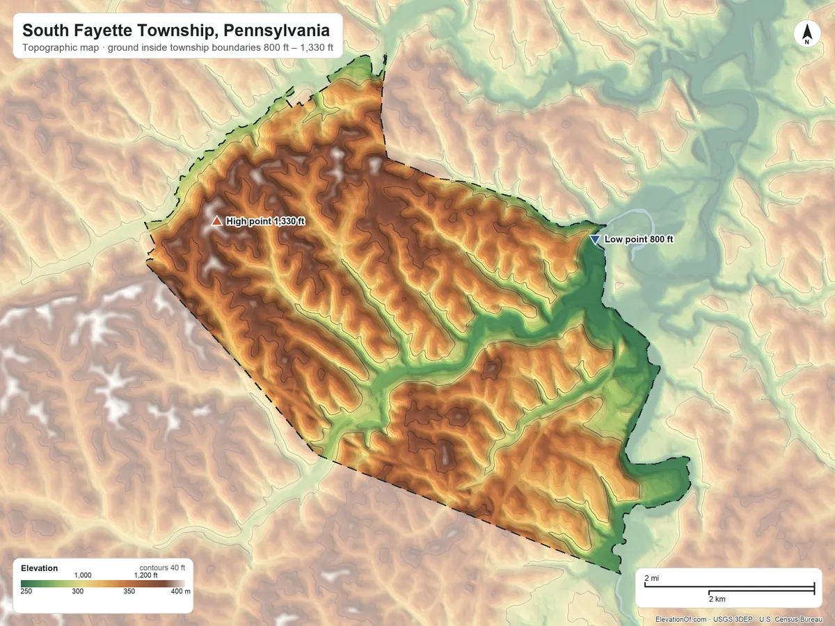 Topographic elevation map of South Fayette Township, Pennsylvania, shaded from 800 ft on the northeast side to 1,330 ft on the northwest side