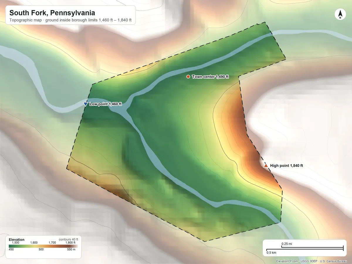 Topographic elevation map of South Fork, Pennsylvania, shaded from 1,460 ft on the west side to 1,840 ft on the southeast edge, below higher ground just outside