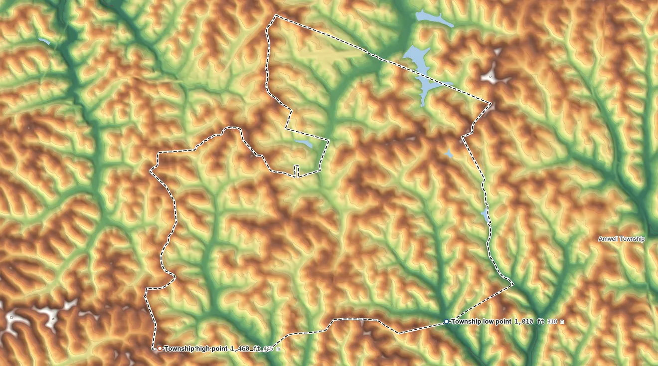 Topographic elevation map of South Franklin Township, Pennsylvania, shaded from 1,010 ft on the southeast side to 1,460 ft on the southwest side