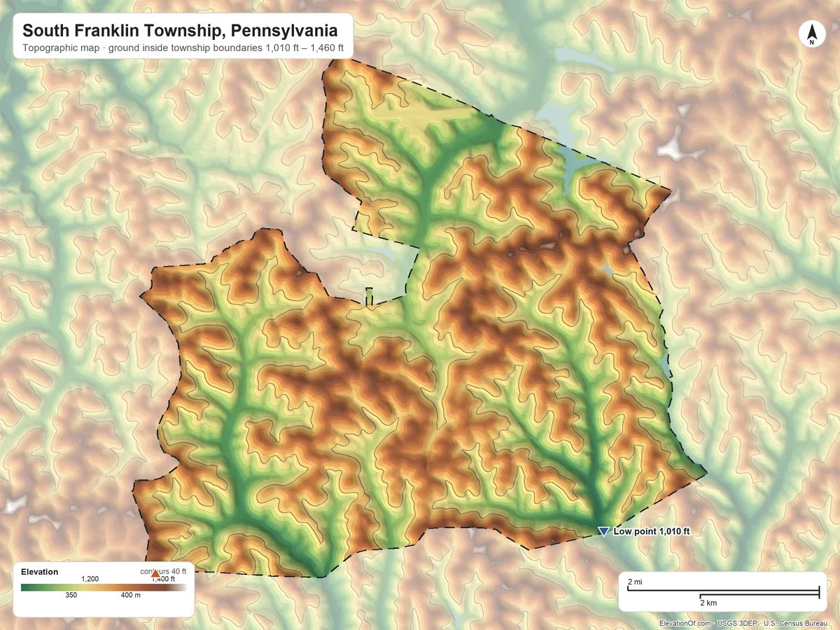 Topographic elevation map of South Franklin Township, Pennsylvania, shaded from 1,010 ft on the southeast side to 1,460 ft on the southwest side