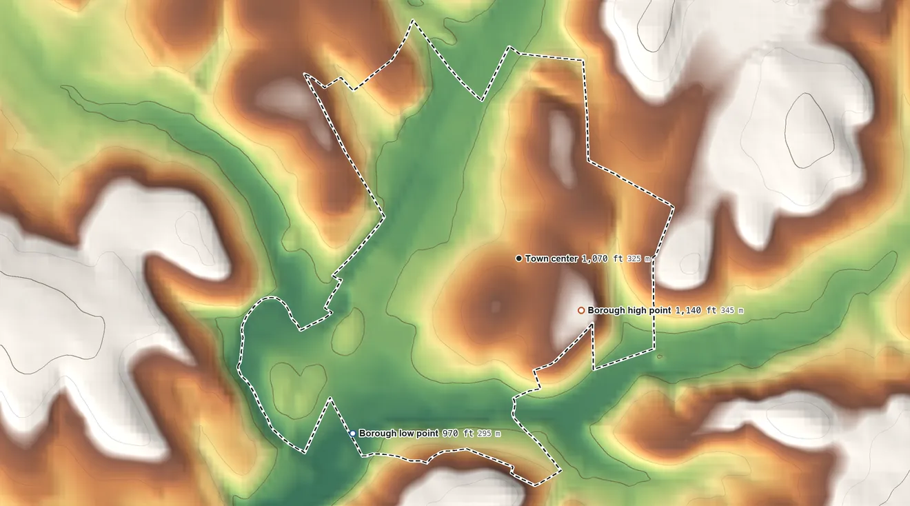 Topographic elevation map of South Greensburg, Pennsylvania, shaded from 970 ft on the southwest side to 1,140 ft on the southeast side