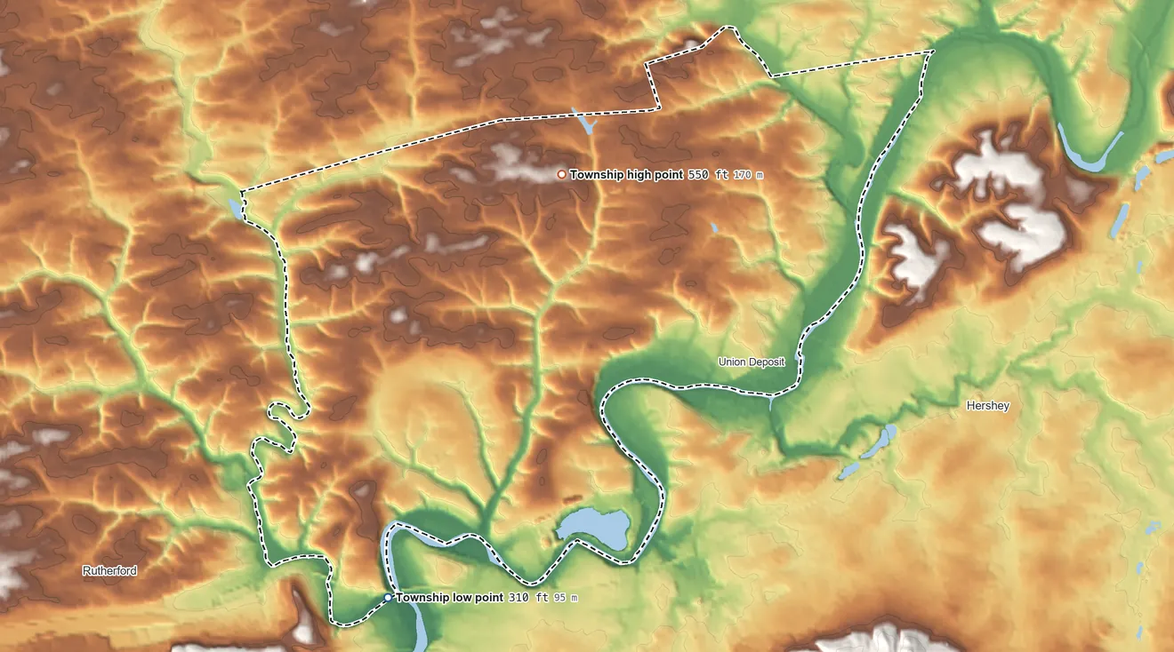 Topographic elevation map of South Hanover Township, Pennsylvania, shaded from 310 ft on the southwest side to 550 ft on the north side