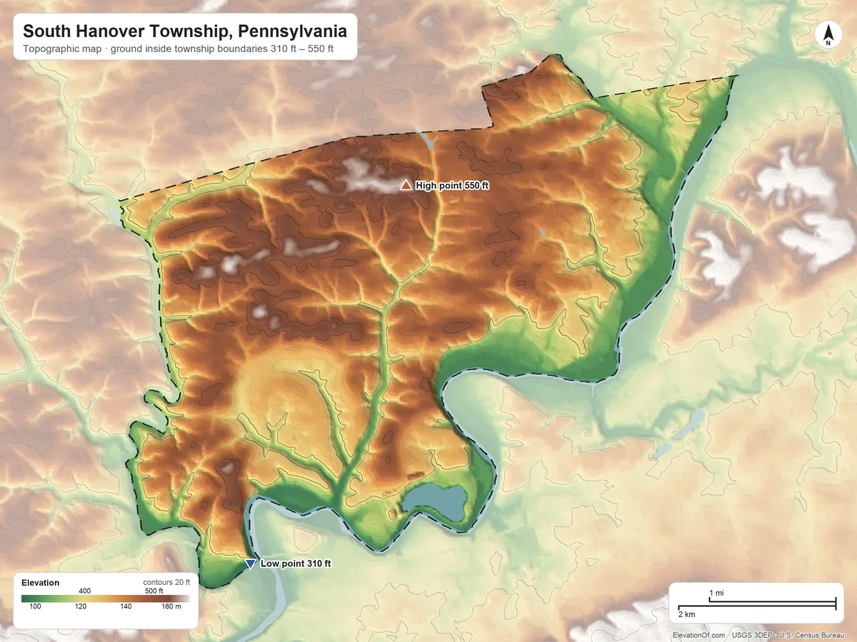 Topographic elevation map of South Hanover Township, Pennsylvania, shaded from 310 ft on the southwest side to 550 ft on the north side