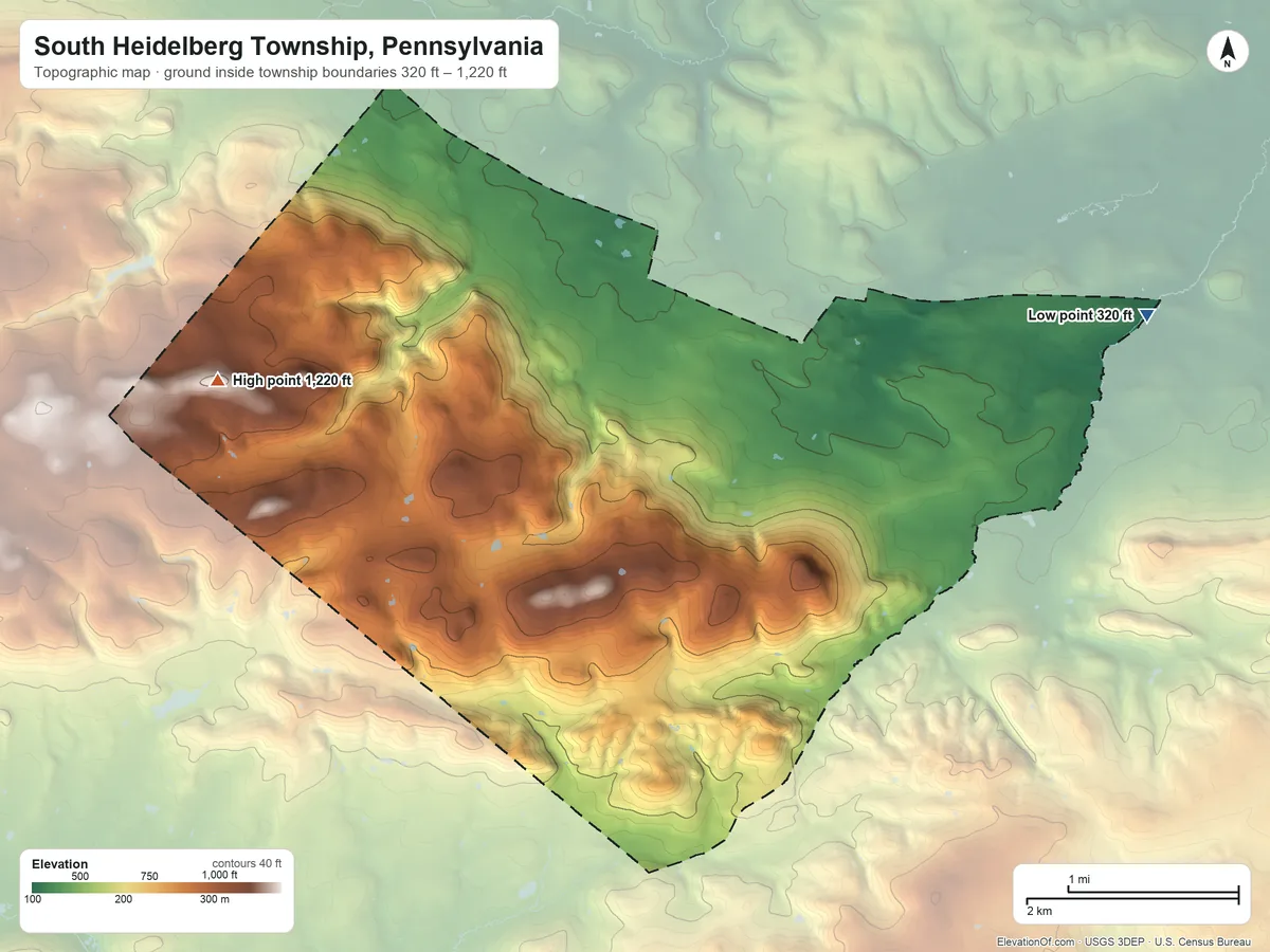 Topographic elevation map of South Heidelberg Township, Pennsylvania, shaded from 320 ft on the east side to 1,220 ft on the west side