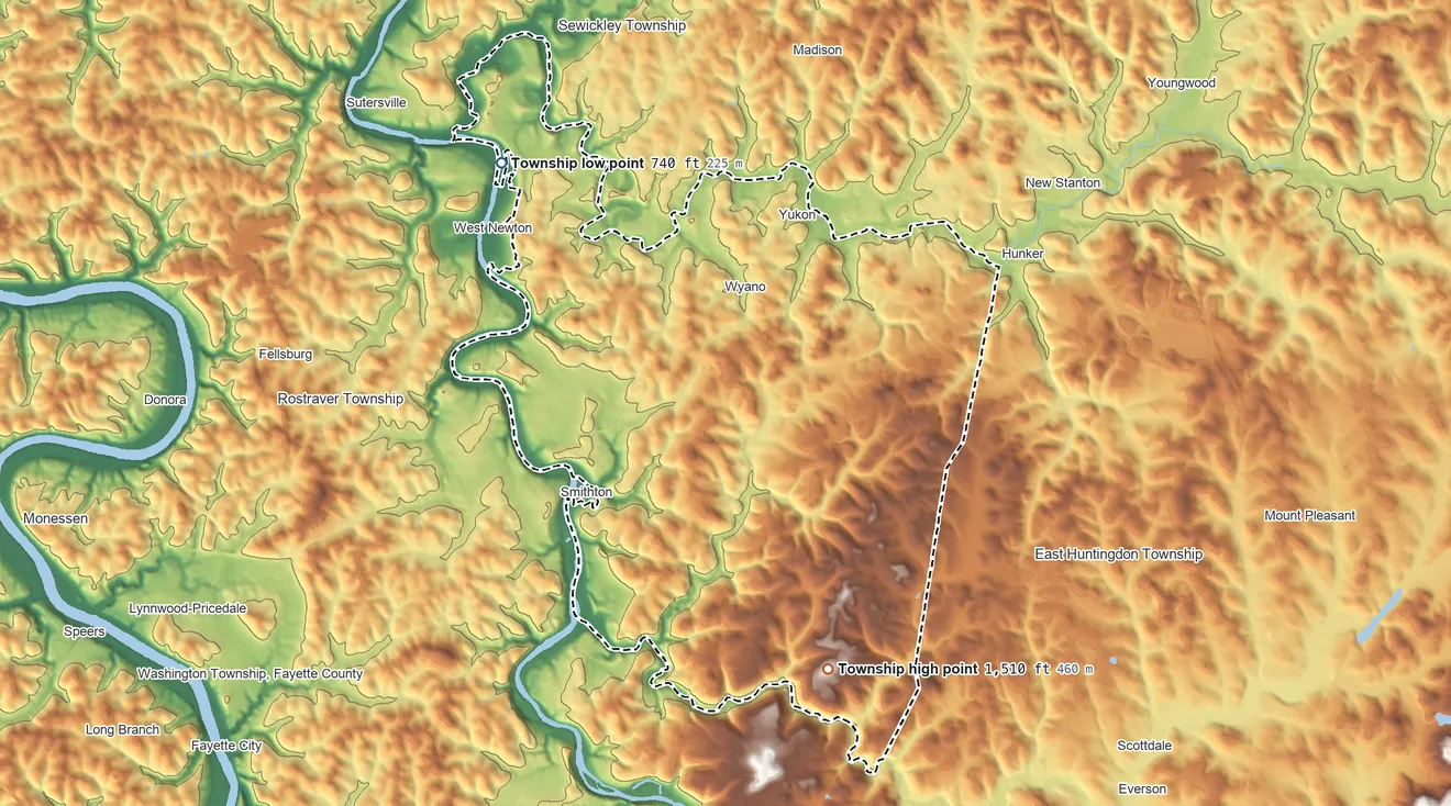 Topographic elevation map of South Huntingdon Township, Pennsylvania, shaded from 740 ft on the northwest side to 1,510 ft on the south side