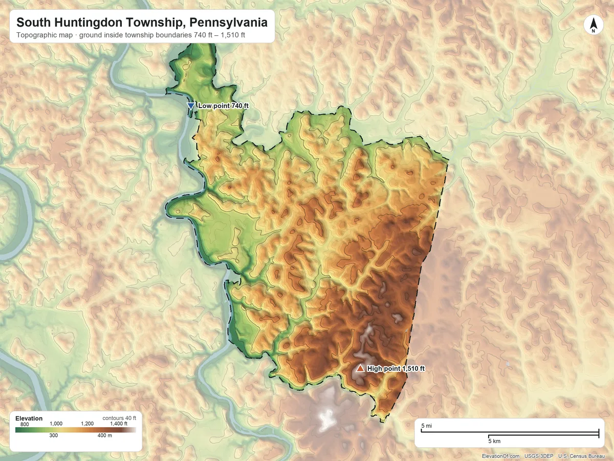 Topographic elevation map of South Huntingdon Township, Pennsylvania, shaded from 740 ft on the northwest side to 1,510 ft on the south side