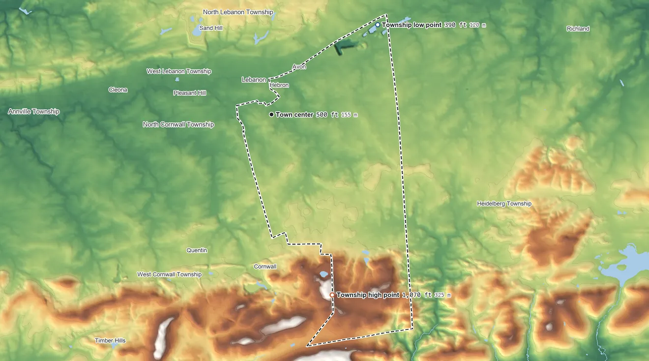 Topographic elevation map of South Lebanon Township, Pennsylvania, shaded from 390 ft on the northeast side to 1,070 ft on the south side
