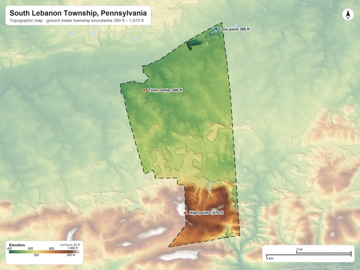 Topographic elevation map of South Lebanon Township, Pennsylvania, shaded from 390 ft on the northeast side to 1,070 ft on the south side