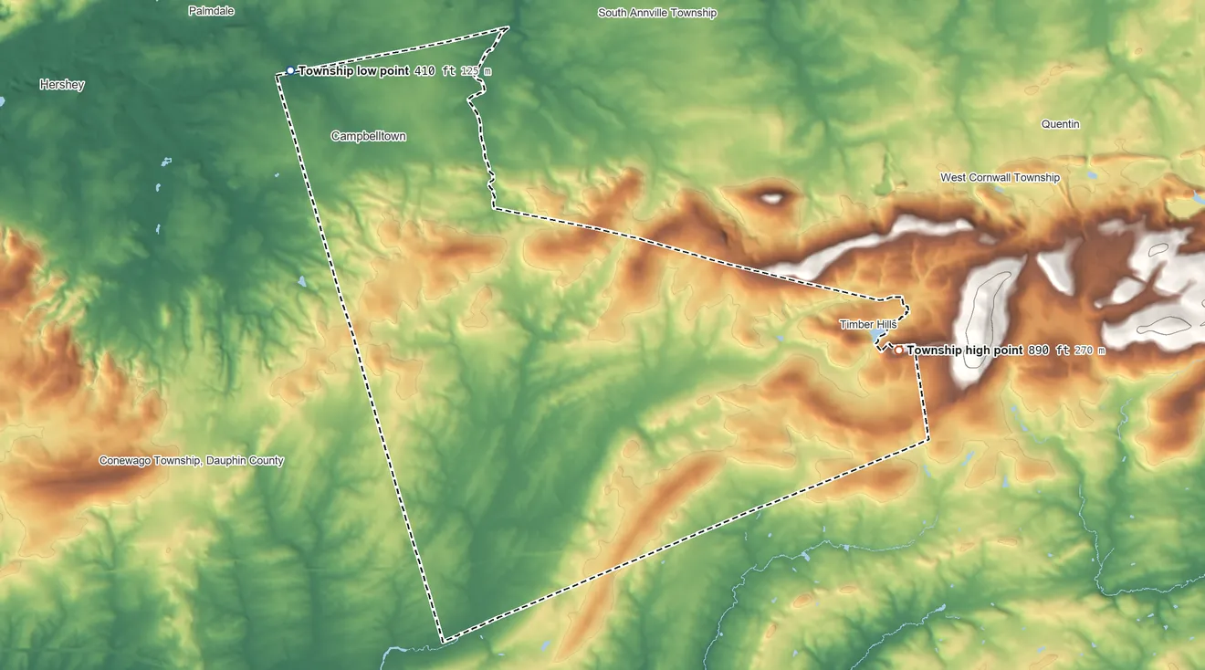 Topographic elevation map of South Londonderry Township, Pennsylvania, shaded from 410 ft on the northwest side to 890 ft on the east side