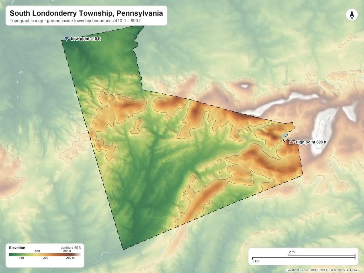 Topographic elevation map of South Londonderry Township, Pennsylvania, shaded from 410 ft on the northwest side to 890 ft on the east side