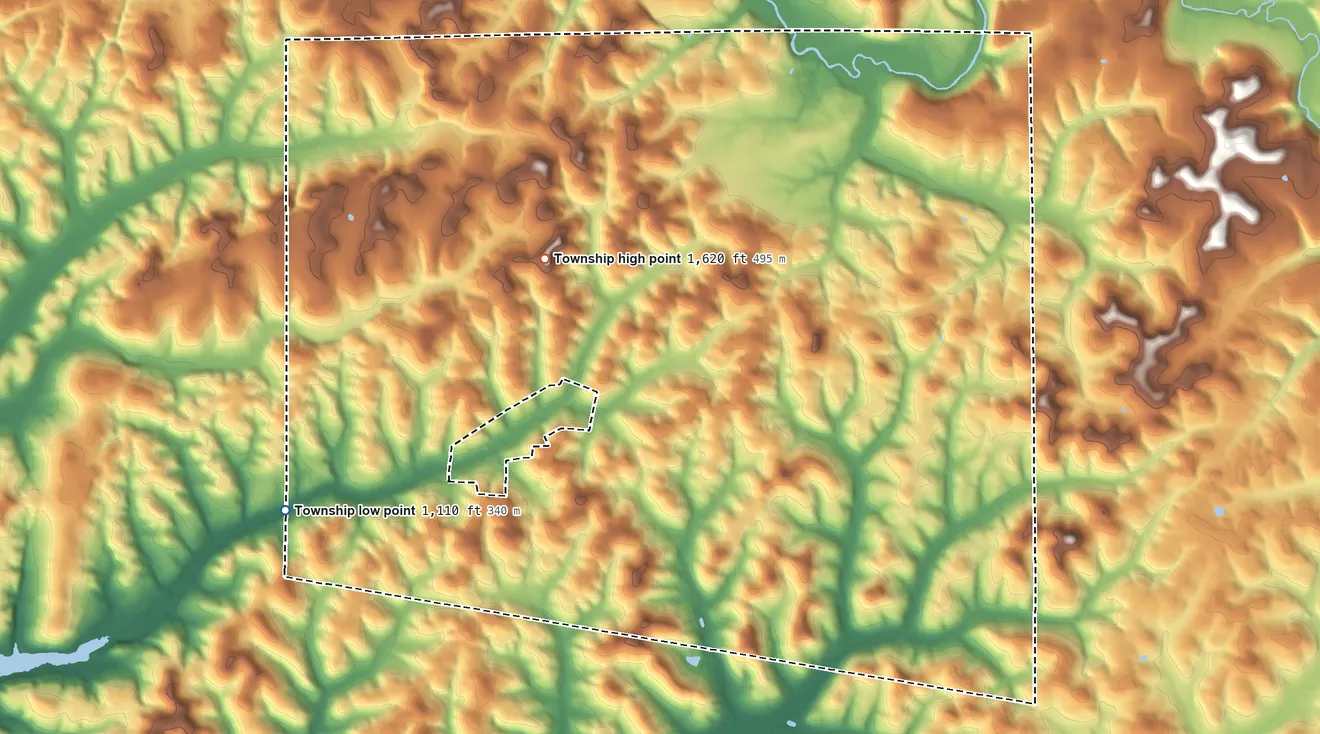 Topographic elevation map of South Mahoning Township, Pennsylvania, shaded from 1,110 ft on the southwest side to 1,620 ft on the west side