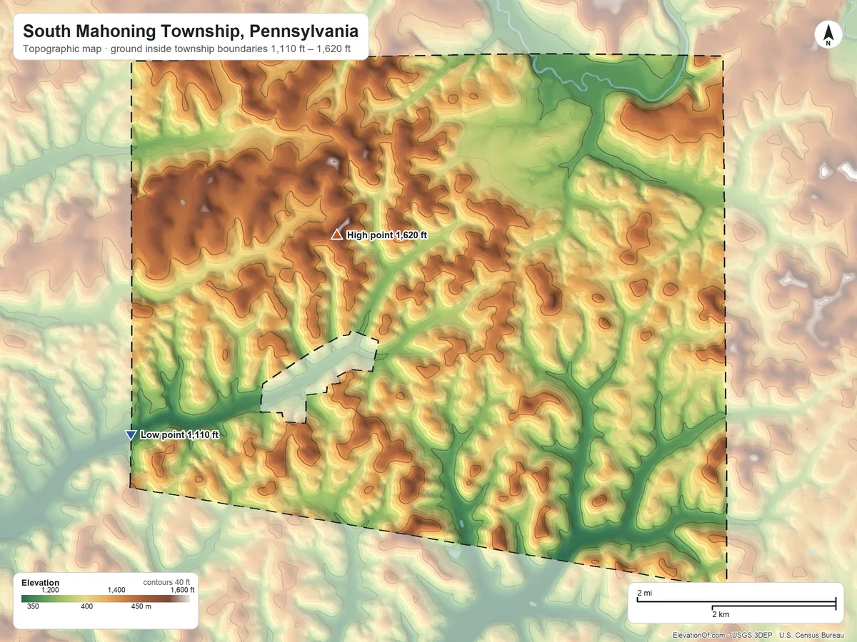Topographic elevation map of South Mahoning Township, Pennsylvania, shaded from 1,110 ft on the southwest side to 1,620 ft on the west side