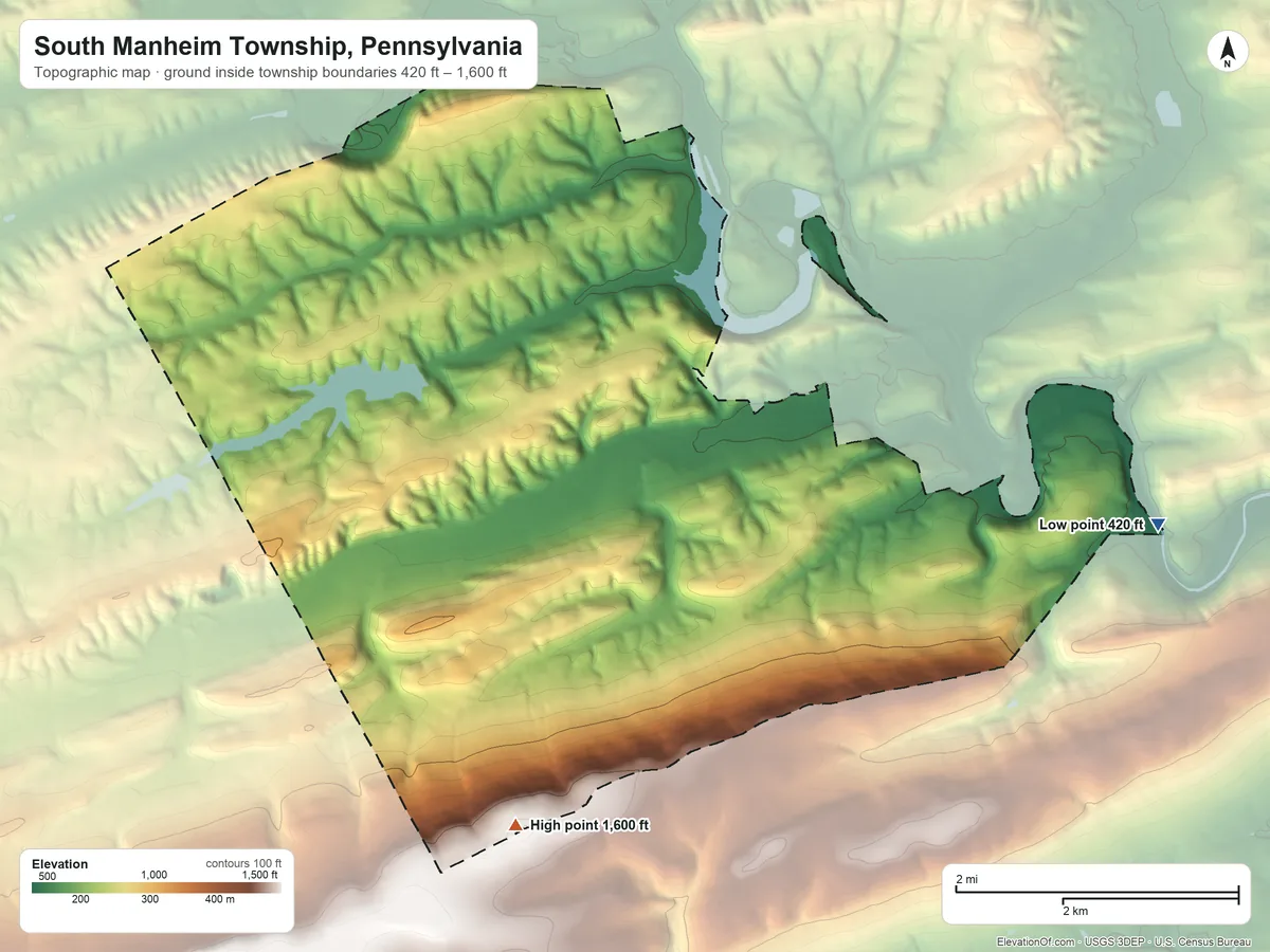 Topographic elevation map of South Manheim Township, Pennsylvania, shaded from 420 ft on the east side to 1,600 ft on the south side