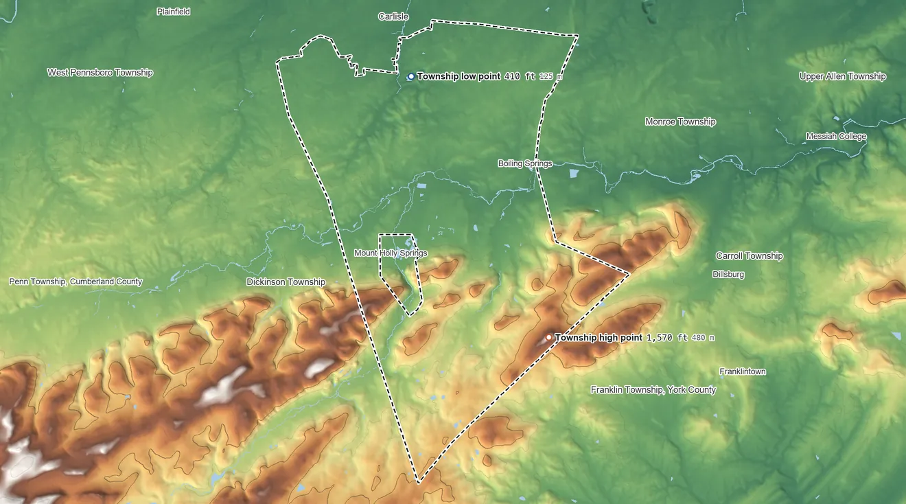 Topographic elevation map of South Middleton Township, Pennsylvania, shaded from 410 ft on the northwest side to 1,568 ft on Long Mountain