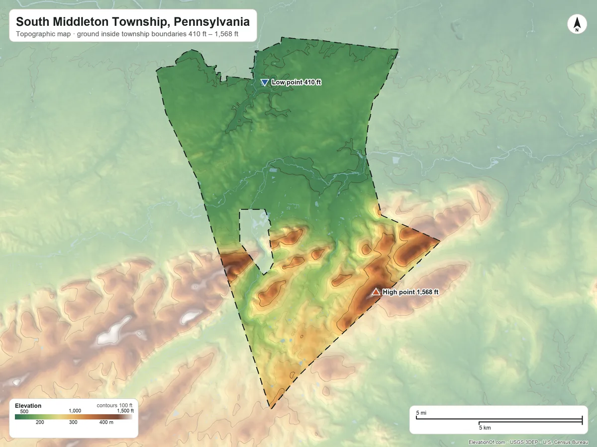 Topographic elevation map of South Middleton Township, Pennsylvania, shaded from 410 ft on the northwest side to 1,568 ft on Long Mountain