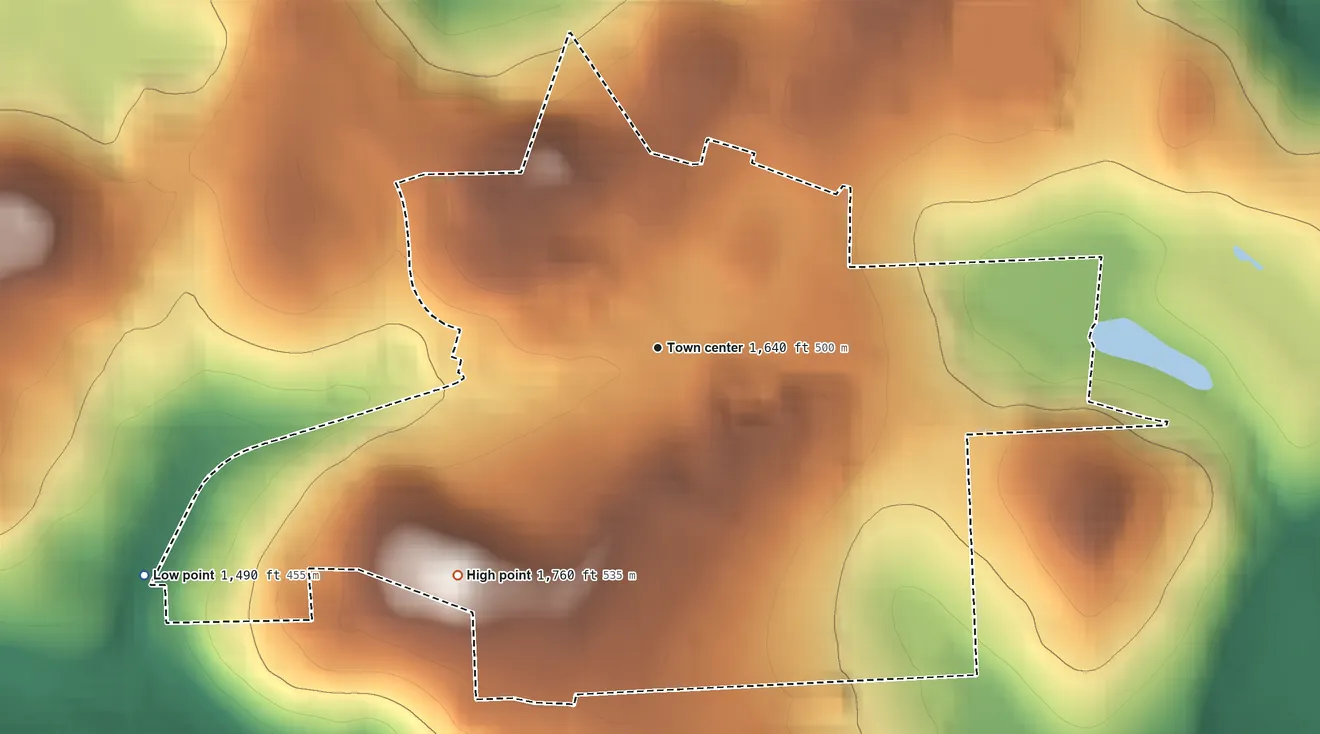 Topographic elevation map of South Montrose, Pennsylvania, shaded from 1,490 ft on the southwest side to 1,760 ft on the southwest side