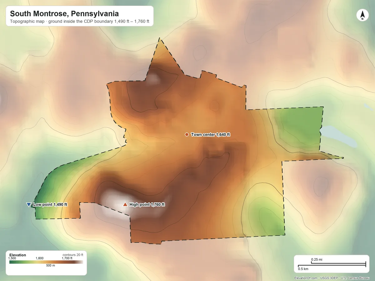 Topographic elevation map of South Montrose, Pennsylvania, shaded from 1,490 ft on the southwest side to 1,760 ft on the southwest side