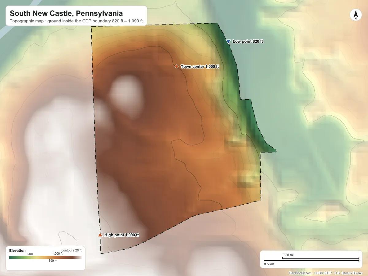 Topographic elevation map of South New Castle, Pennsylvania, shaded from 820 ft on the northeast side to 1,090 ft on the southwest side