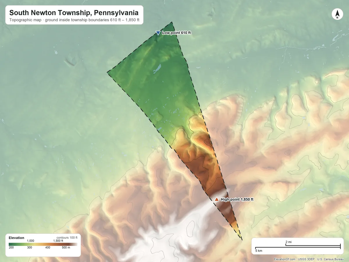 Topographic elevation map of South Newton Township, Pennsylvania, shaded from 610 ft on the north side to 1,850 ft on the southeast side