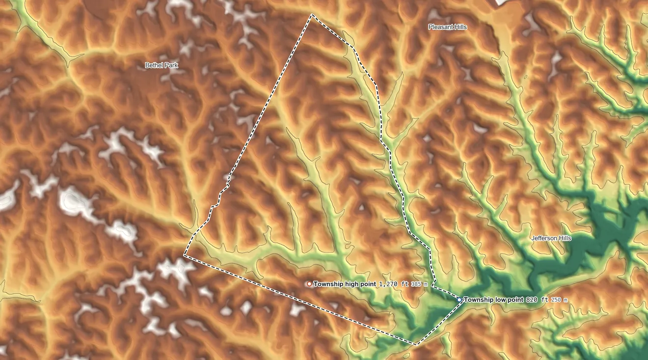Topographic elevation map of South Park Township, Pennsylvania, shaded from 820 ft on the southeast side to 1,270 ft on the south side