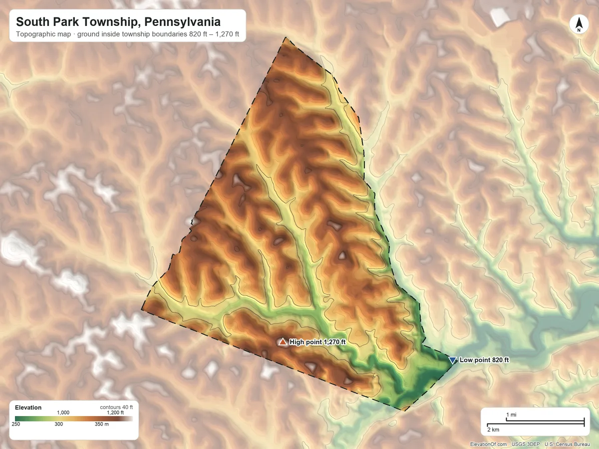Topographic elevation map of South Park Township, Pennsylvania, shaded from 820 ft on the southeast side to 1,270 ft on the south side