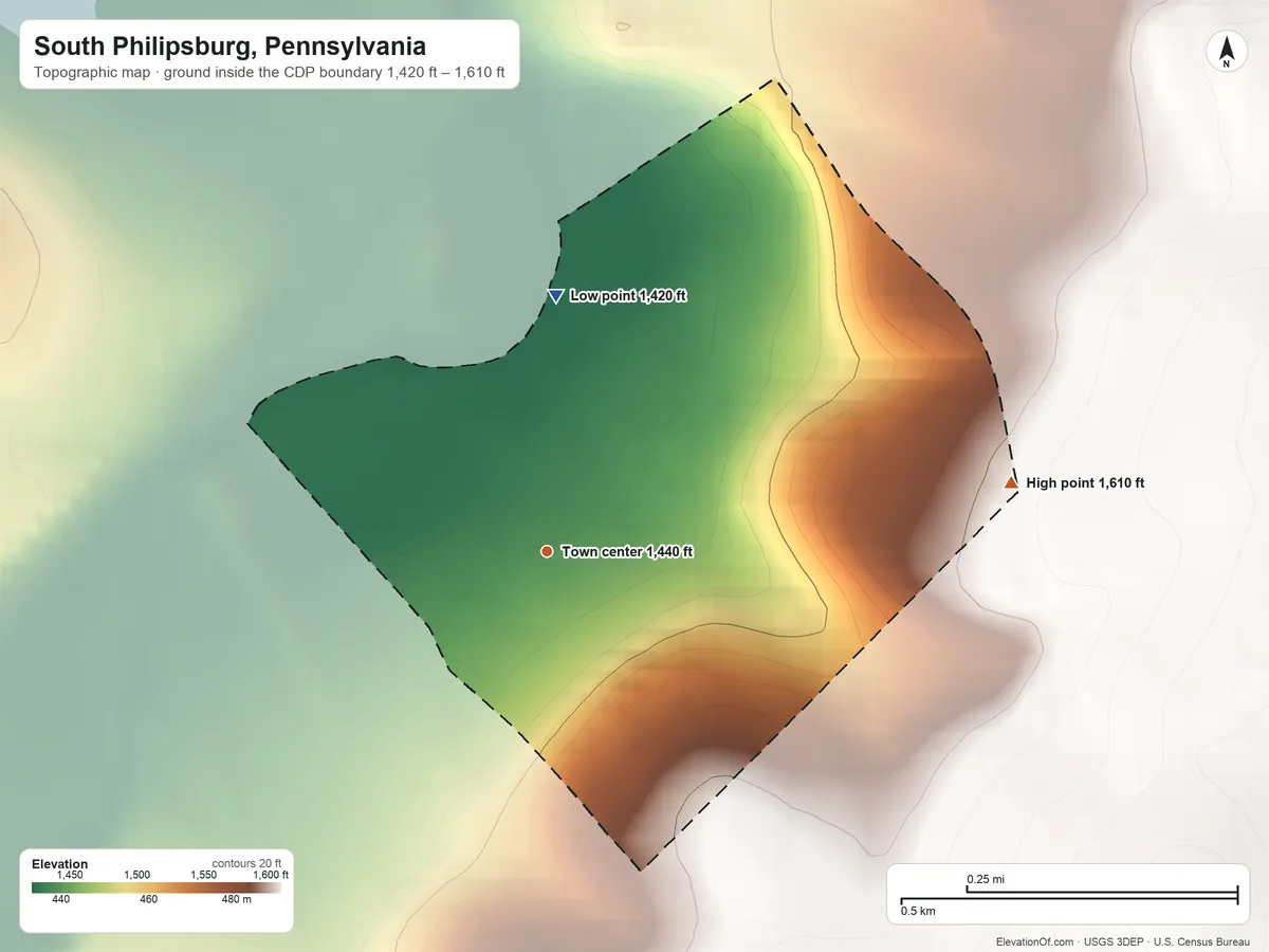 Topographic elevation map of South Philipsburg, Pennsylvania, shaded from 1,420 ft on the north side to 1,610 ft on the east edge, below higher ground just outside