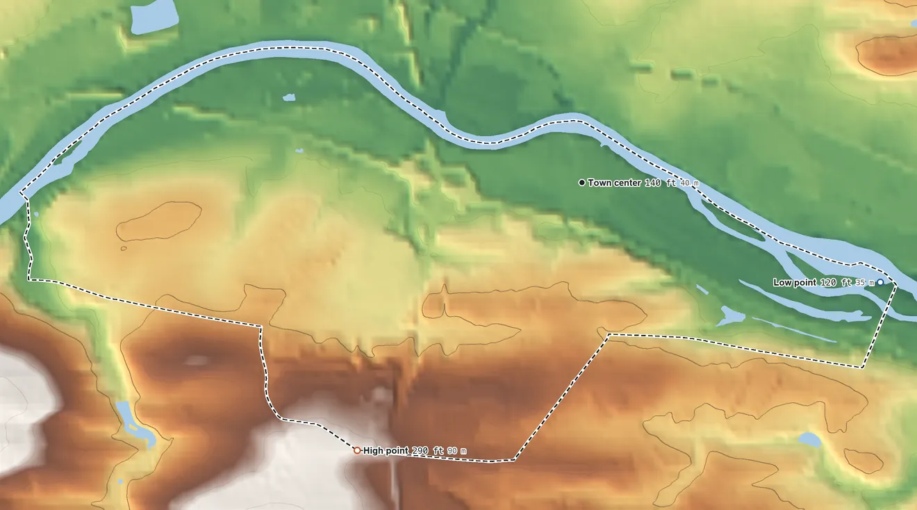 Topographic elevation map of South Pottstown, Pennsylvania, shaded from 120 ft on the east side to 290 ft on the southwest side