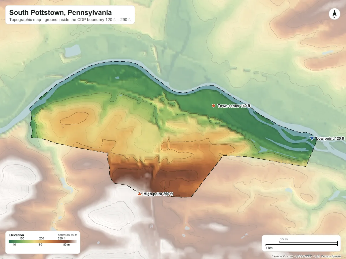 Topographic elevation map of South Pottstown, Pennsylvania, shaded from 120 ft on the east side to 290 ft on the southwest side