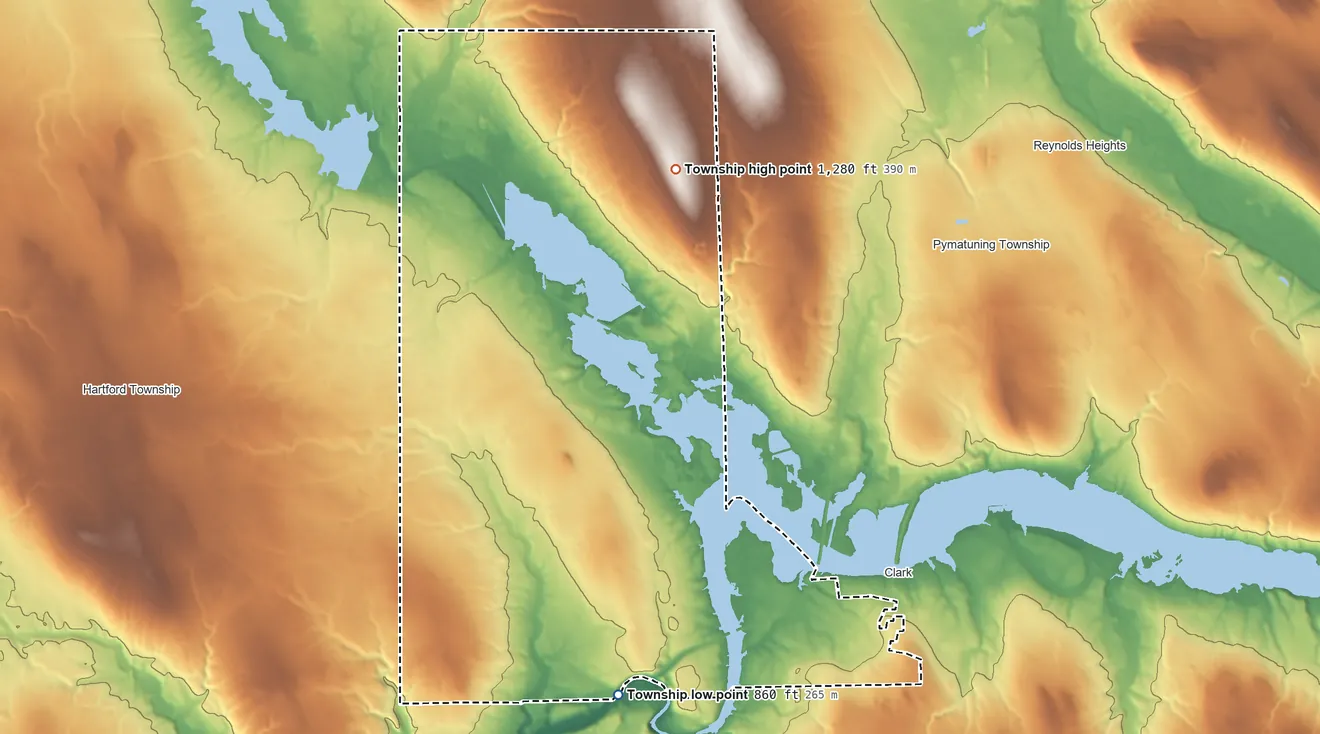 Topographic elevation map of South Pymatuning Township, Pennsylvania, shaded from 860 ft on the south side to 1,280 ft on the north side
