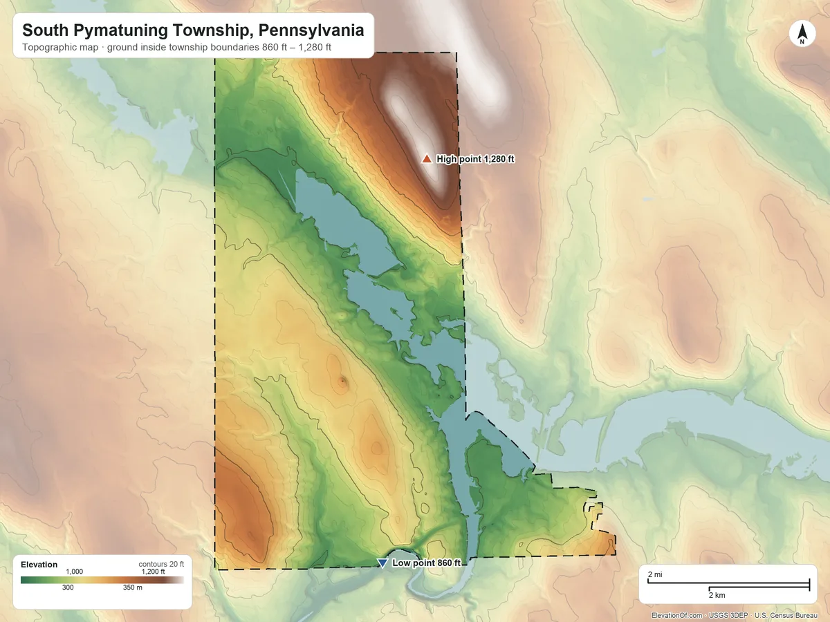 Topographic elevation map of South Pymatuning Township, Pennsylvania, shaded from 860 ft on the south side to 1,280 ft on the north side