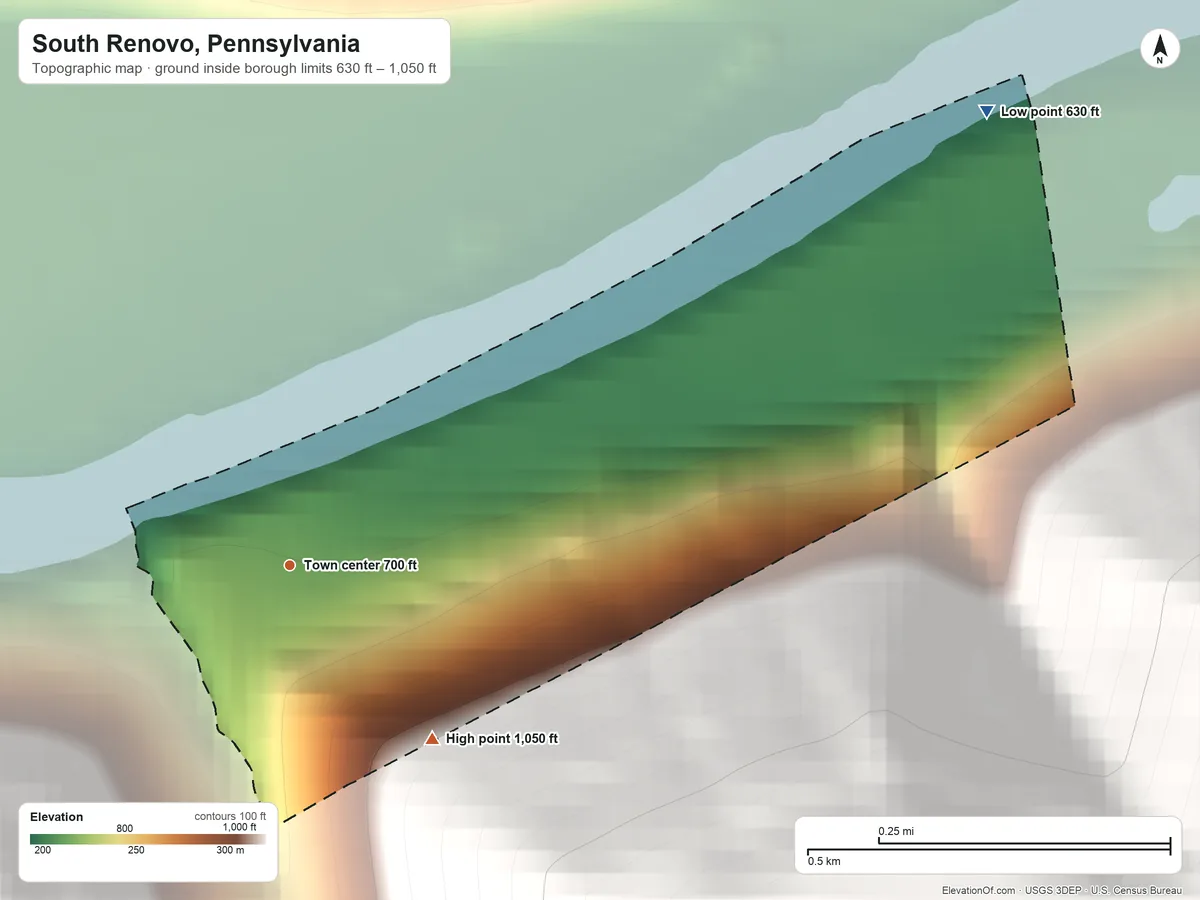 Topographic elevation map of South Renovo, Pennsylvania, shaded from 630 ft on the northeast side to 1,050 ft on the southeast edge, below higher ground just outside