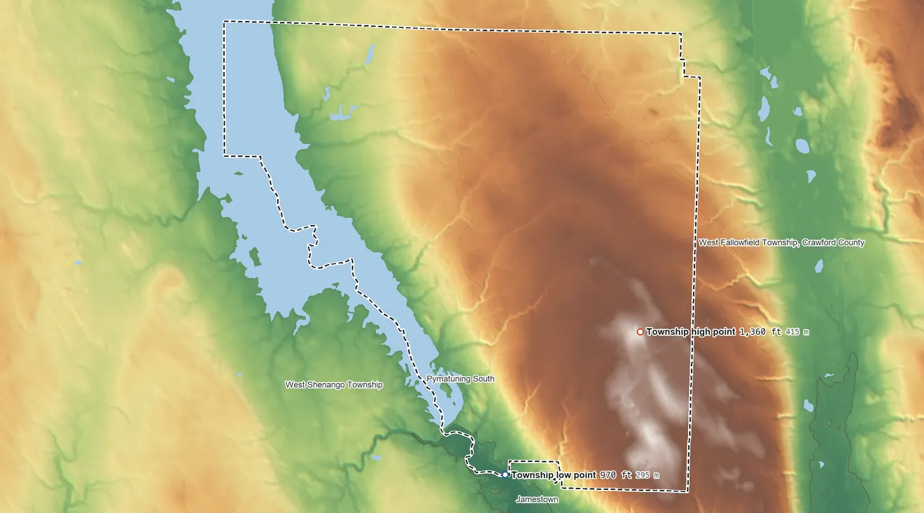 Topographic elevation map of South Shenango Township, Pennsylvania, shaded from 970 ft on the south side to 1,360 ft on the southeast side