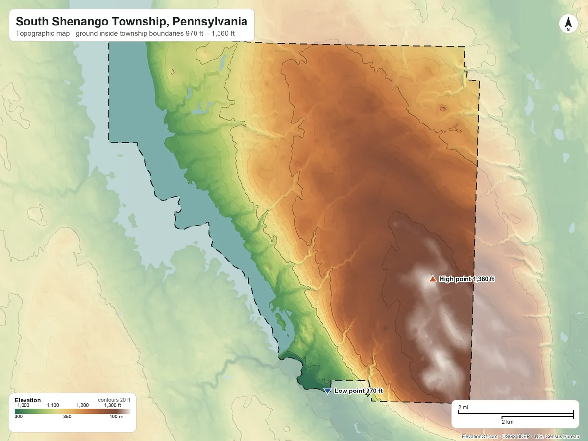 Topographic elevation map of South Shenango Township, Pennsylvania, shaded from 970 ft on the south side to 1,360 ft on the southeast side