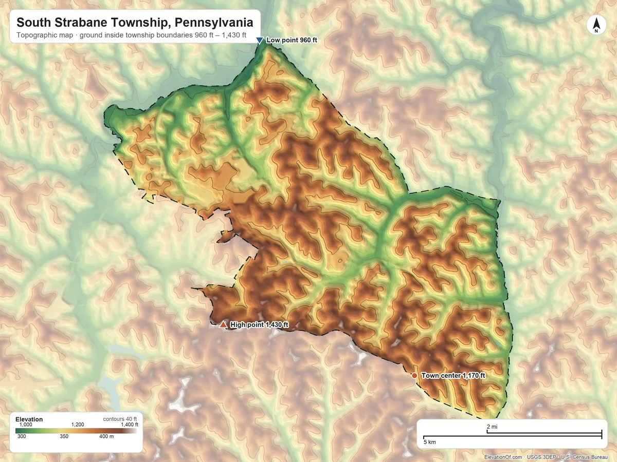 Topographic elevation map of South Strabane Township, Pennsylvania, shaded from 960 ft on the northwest side to 1,430 ft on the west side