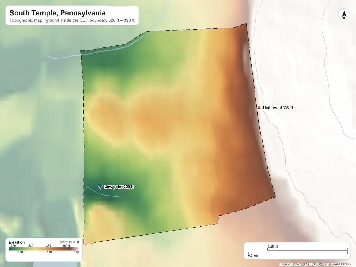 Topographic elevation map of South Temple, Pennsylvania, shaded from 320 ft on the southwest side to 390 ft at the foot of the South Mountain
