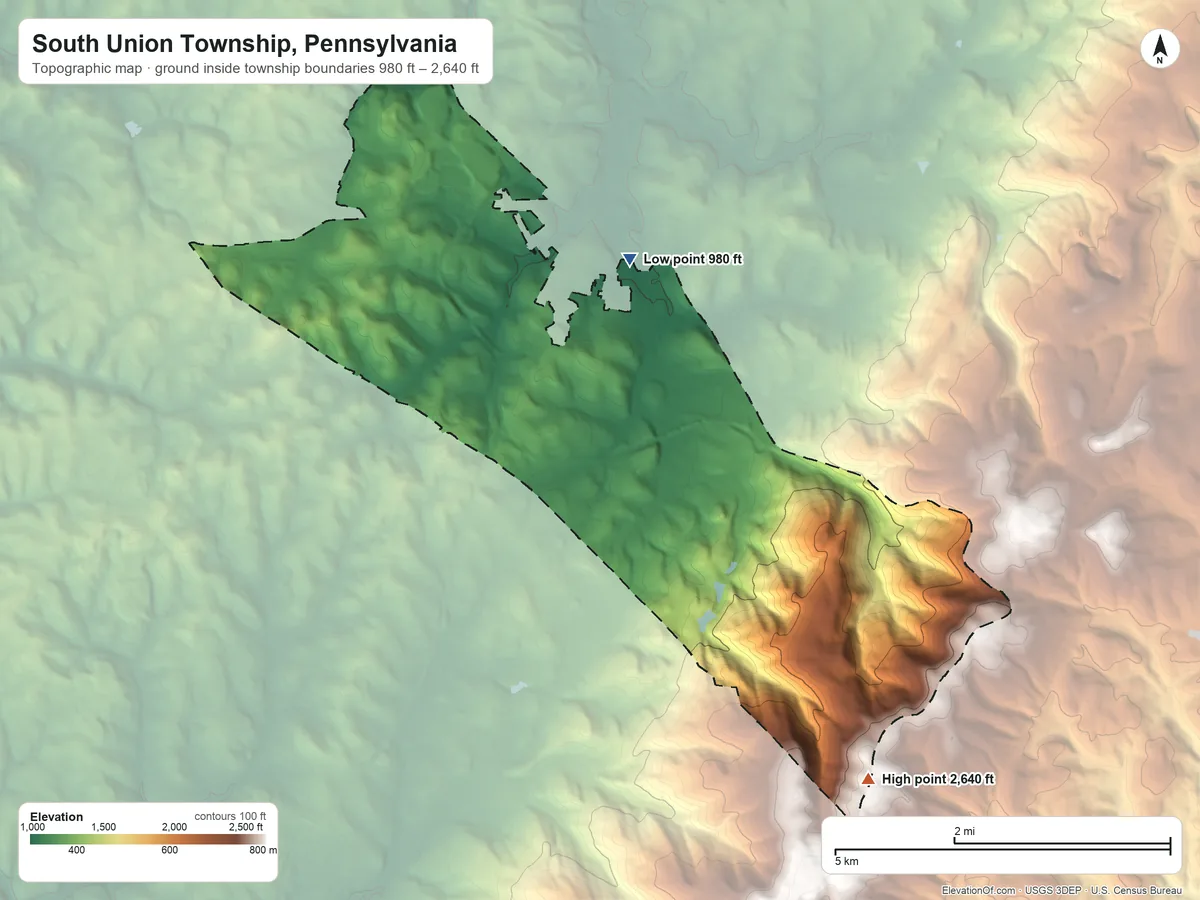 Topographic elevation map of South Union Township, Pennsylvania, shaded from 980 ft on the northeast side to 2,640 ft on the southeast side