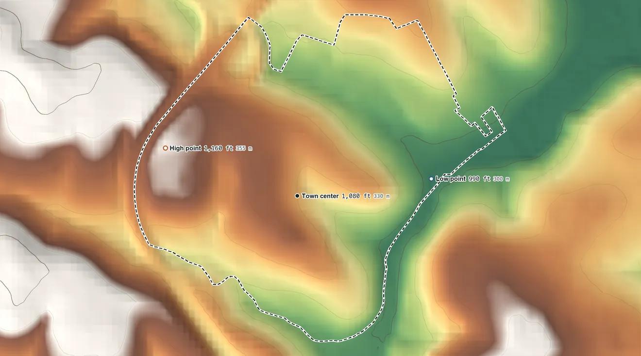 Topographic elevation map of South Uniontown, Pennsylvania, shaded from 990 ft on the east side to 1,160 ft on the west side