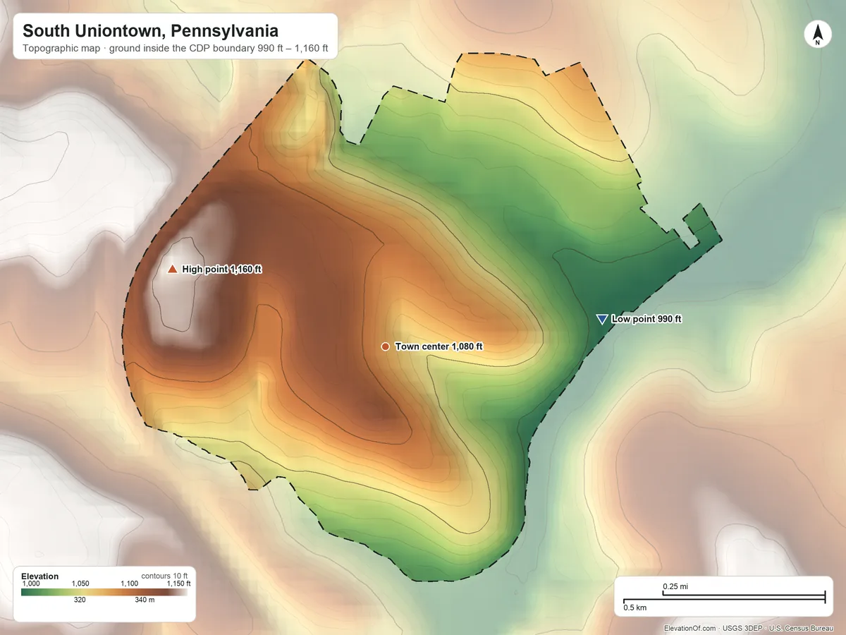 Topographic elevation map of South Uniontown, Pennsylvania, shaded from 990 ft on the east side to 1,160 ft on the west side