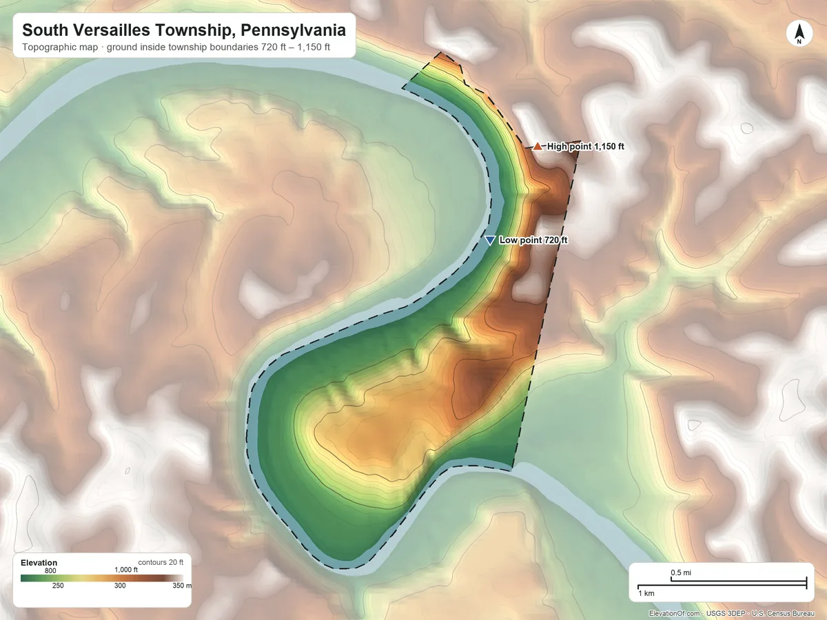 Topographic elevation map of South Versailles Township, Pennsylvania, shaded from 720 ft on the northeast side to 1,150 ft on the northeast side