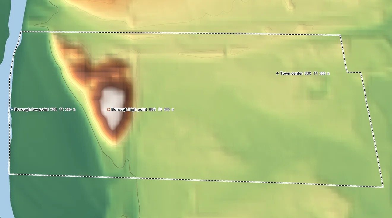 Topographic elevation map of South Waverly, Pennsylvania, shaded from 760 ft on the west side to 990 ft on Spanish Hill