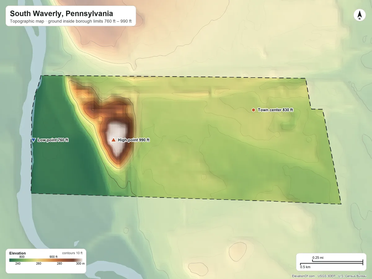 Topographic elevation map of South Waverly, Pennsylvania, shaded from 760 ft on the west side to 990 ft on Spanish Hill