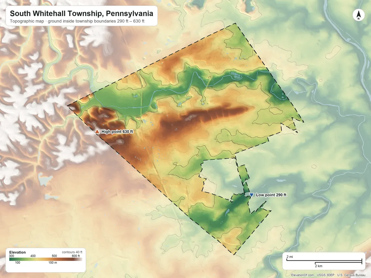 Topographic elevation map of South Whitehall Township, Pennsylvania, shaded from 290 ft on the southeast side to 630 ft on the west side