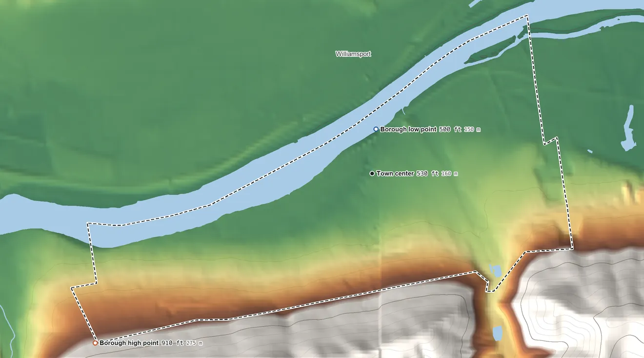 Topographic elevation map of South Williamsport, Pennsylvania, shaded from 500 ft near the middle to 910 ft on the southwest edge, below higher ground just outside