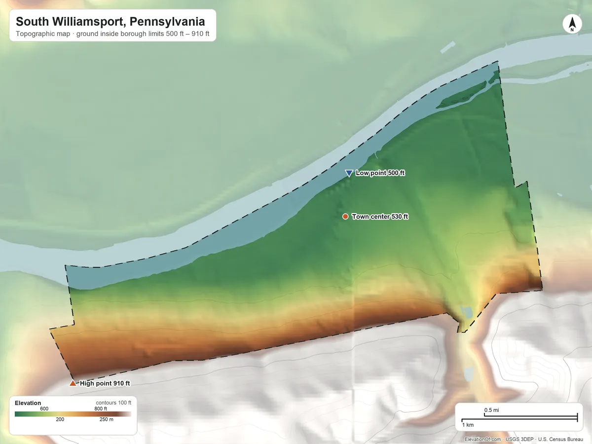 Topographic elevation map of South Williamsport, Pennsylvania, shaded from 500 ft near the middle to 910 ft on the southwest edge, below higher ground just outside