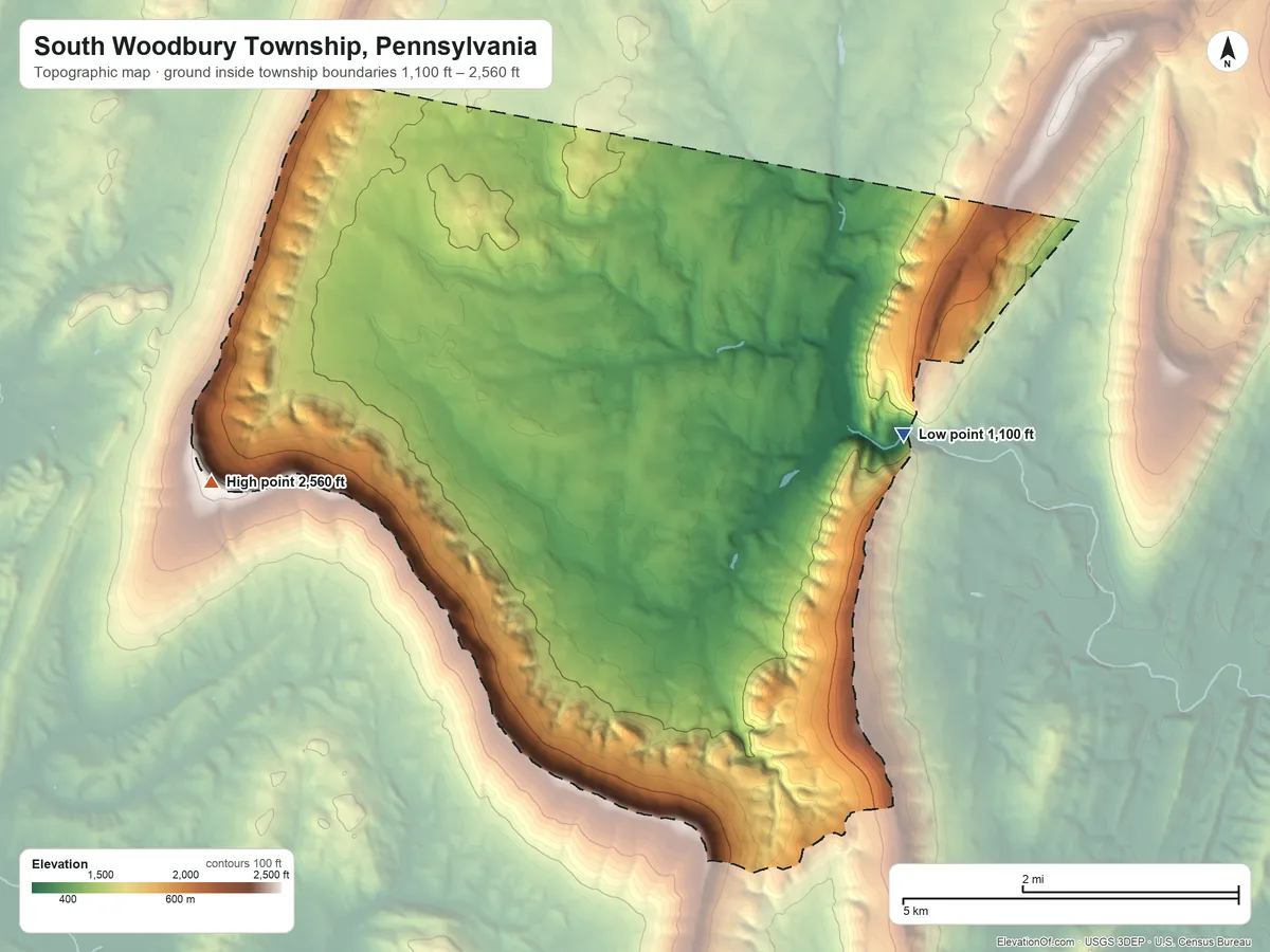 Topographic elevation map of South Woodbury Township, Pennsylvania, shaded from 1,100 ft on the east side to 2,560 ft on the west side